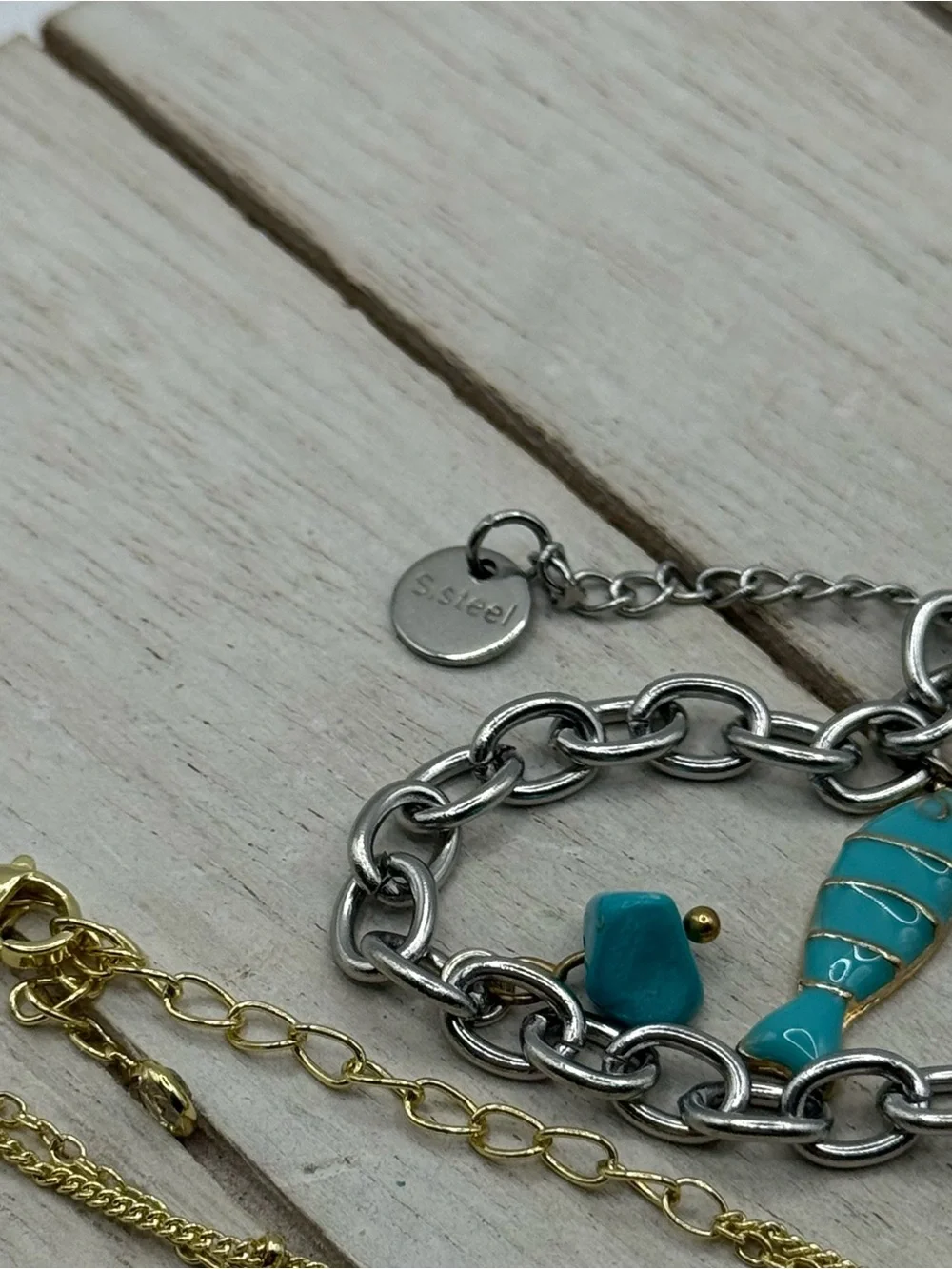 Set of two Letter “R” Turquoise Charm Bracelet and Gold Necklace Set